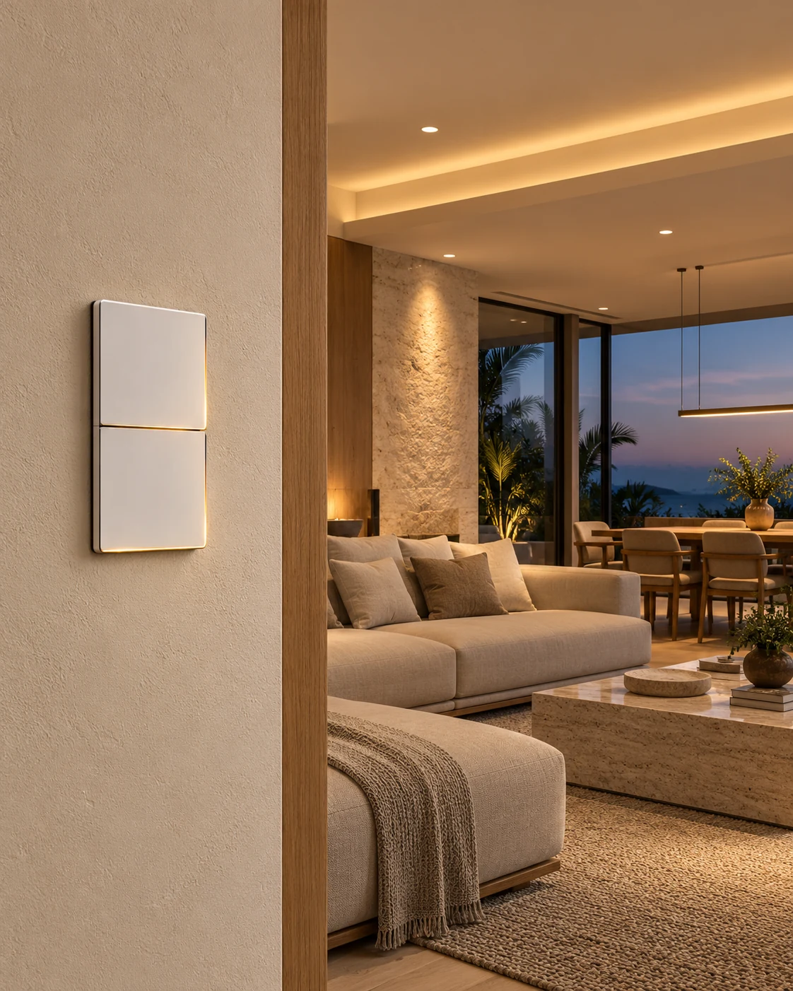 Render de una sala residencial con iluminación cálida y apagador Nova blanco de dos teclas instalado en la pared